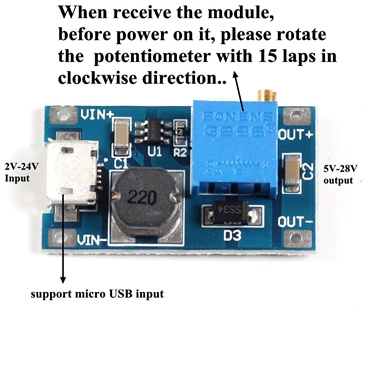 MT3608 Mico USB DC Voltage Regulator Step up Boost Converter Power Supply Module 2V-24V to 5V-28V 2A