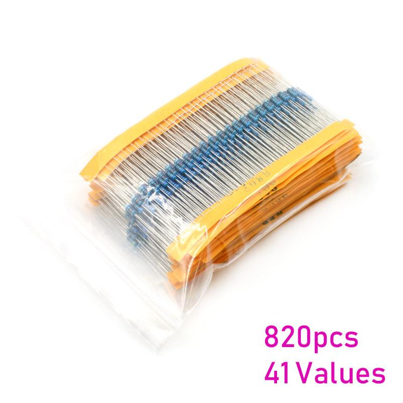 820pcs 41ValuesX20pcs 1% 1/4w Resistor Pack Set Diy Metal Film Resistor Kit Use Colored Ring Resistance [1Ω~1MΩ]