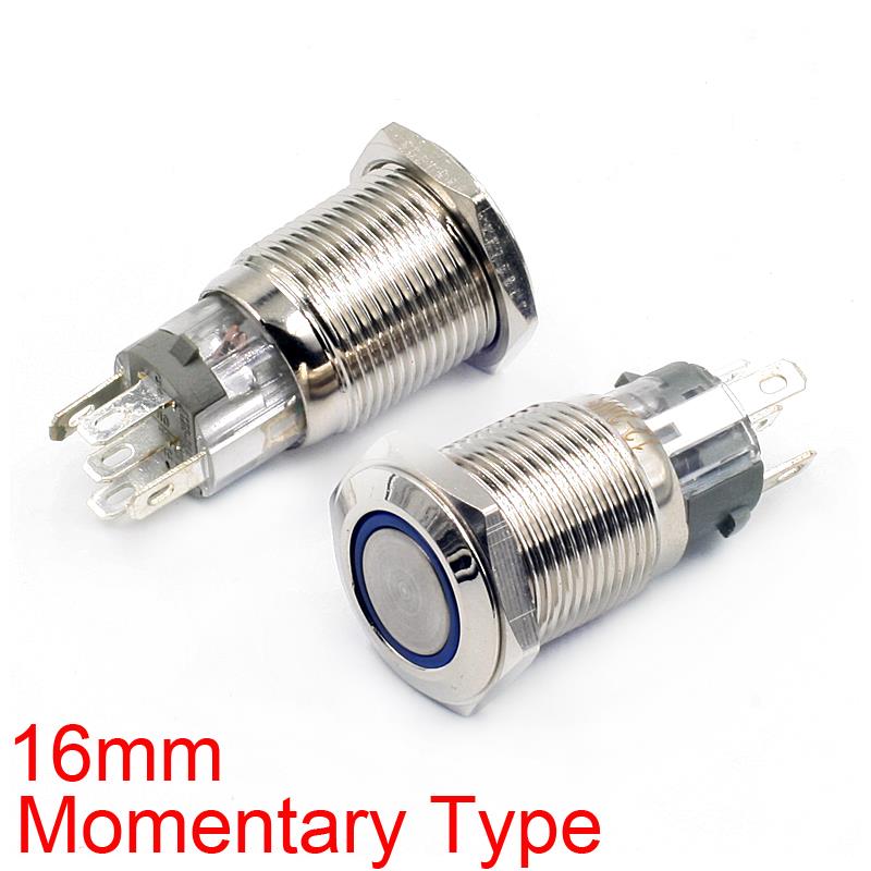 16mm Momentary Push Button Switch with 12V Blue LED Ring Light