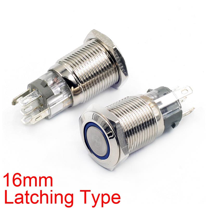 16mm Latching Push Button Switch with 12V Blue LED Ring Light