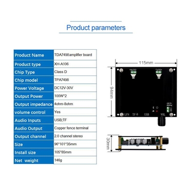 XH-A106 100Wx2 Bluetooth 5.0 TDA7498 Wireless Digital Power amplifier